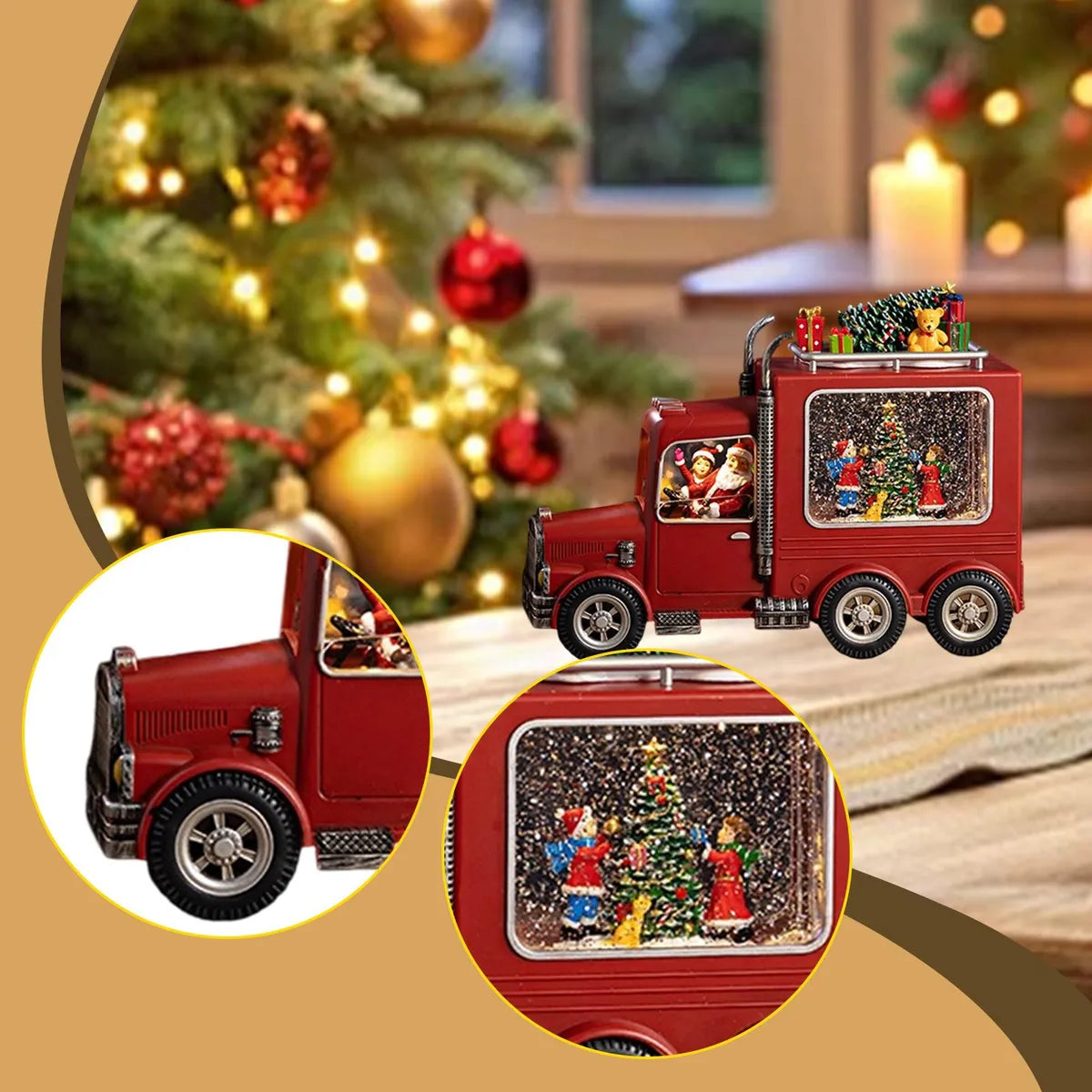 Decoratiune Craciun Camion Muzical cu Lichid si Sclipici, Iluminare LED si Scene 3D – 24.5 cm