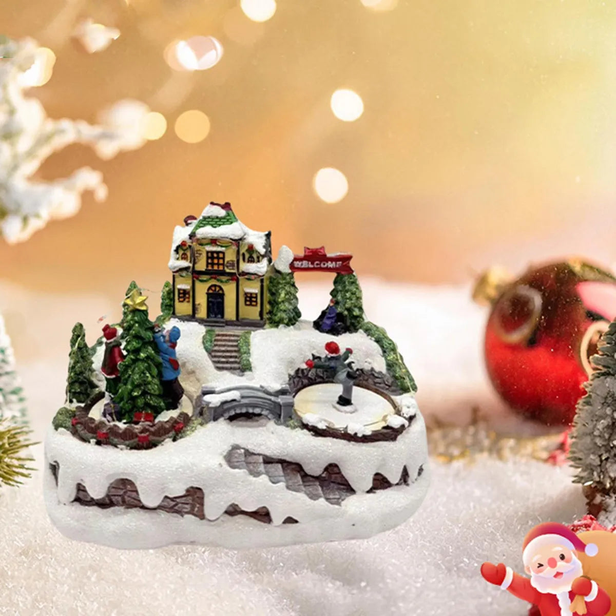 Decoratiune Muzicala de Craciun cu Luminare LED, Miscarare Rotativa si Peisaj de Iarna – Model Casa cu Patinoar