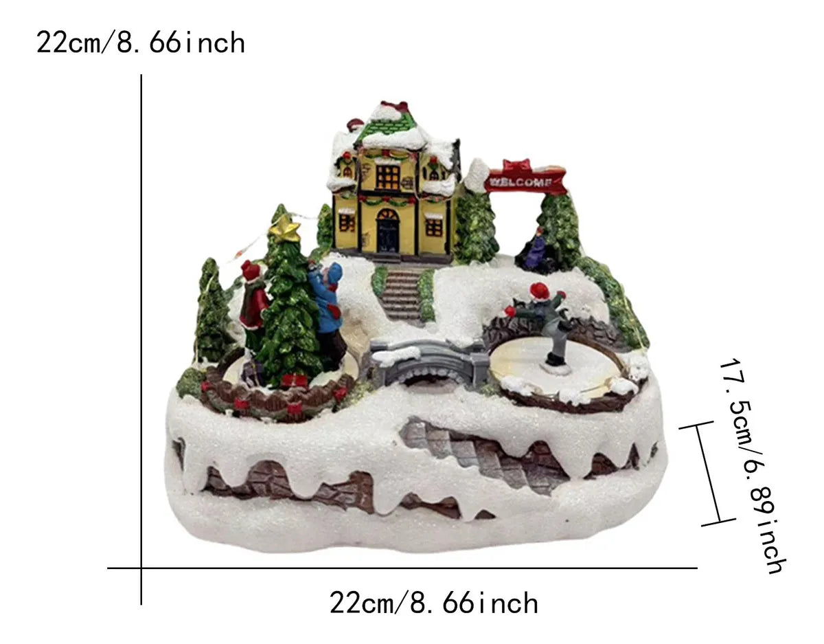 Decoratiune Muzicala de Craciun cu Luminare LED, Miscarare Rotativa si Peisaj de Iarna – Model Casa cu Patinoar