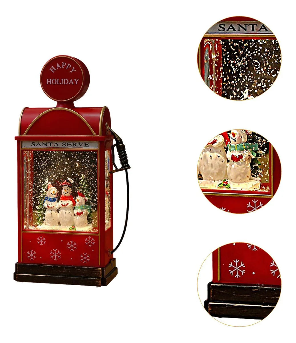 Glob de zapada muzical in forma de statie de benzina – cu lumini, efect de ninsoare si 8 melodii de Craciun