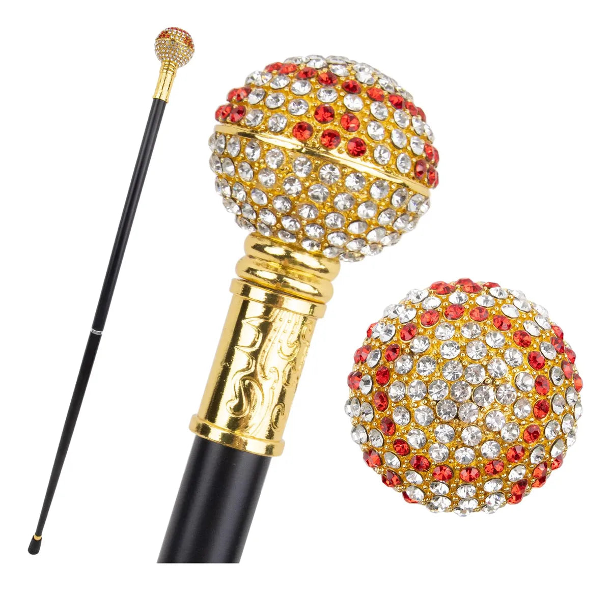 Baston de mers la moda elegant cu cap decorativ din cristale, design lux, negru cu auriu, 94 CM