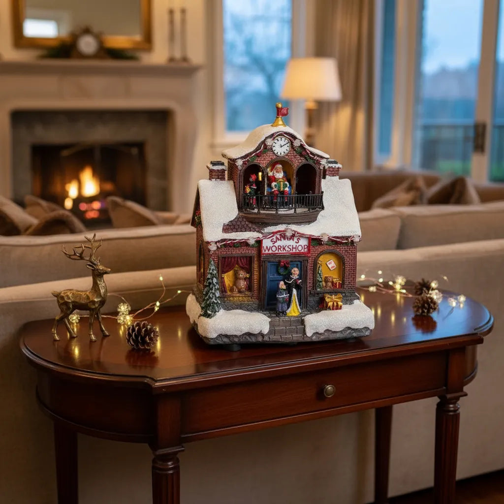 Decoratiune Muzicala de Craciun cu Luminare LED, model Santa Workshop cu Mos Craciun in mansarda, ceas decorativ, acoperis inzapezit, ferestre cu jucarii, copii la intrare