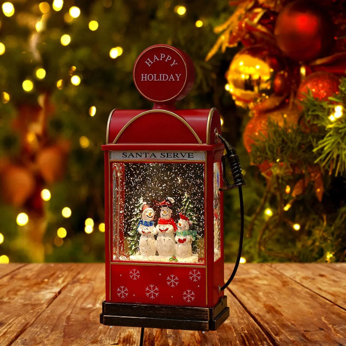 Glob de zapada muzical in forma de statie de benzina – cu lumini, efect de ninsoare si 8 melodii de Craciun