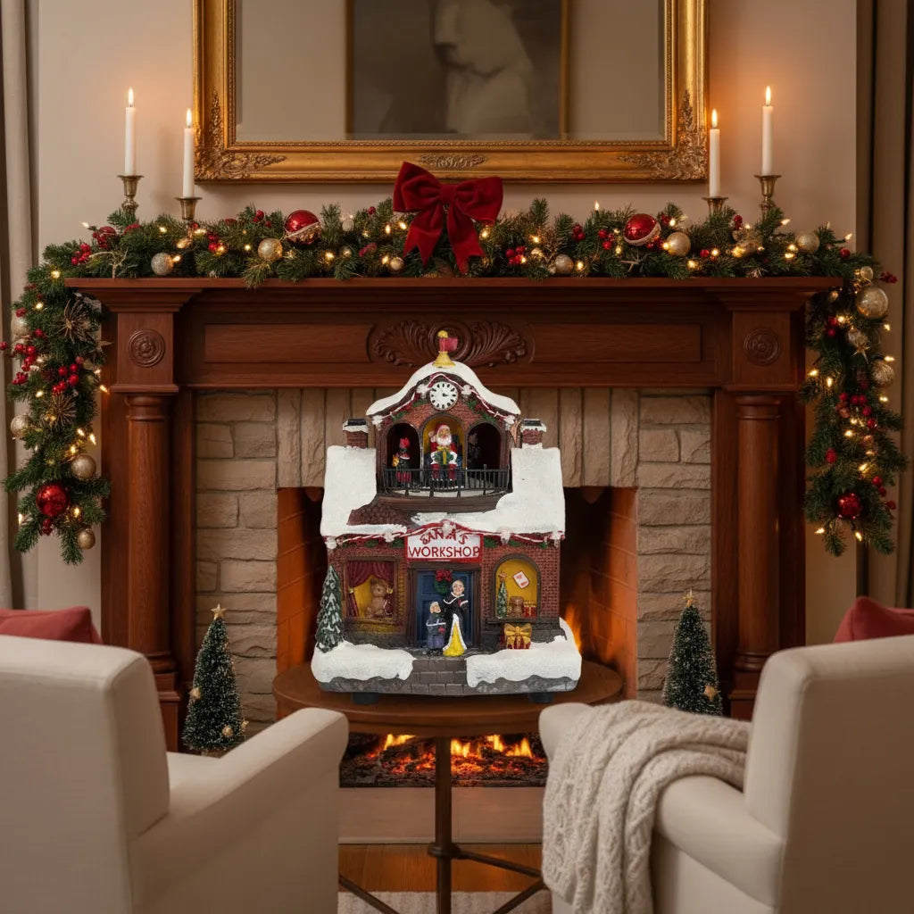 Decoratiune Muzicala de Craciun cu Luminare LED, model Santa Workshop cu Mos Craciun in mansarda, ceas decorativ, acoperis inzapezit, ferestre cu jucarii, copii la intrare