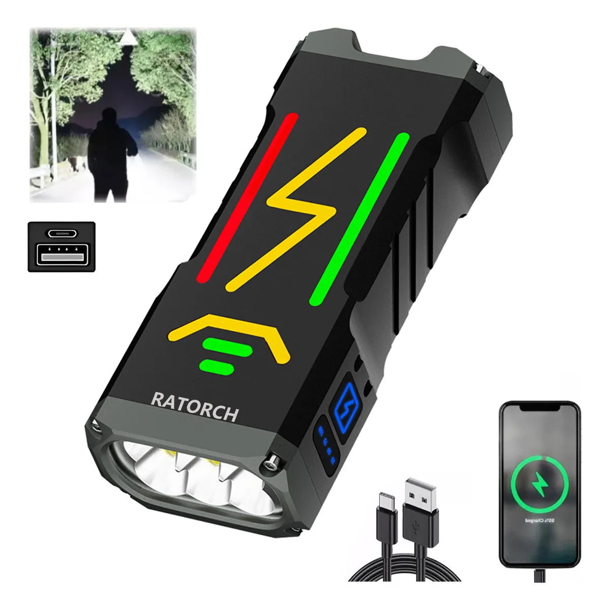 Lanterna Profesionala YM-G666, 6 LED uri P90, reincarcabila USB, din Aluminiu, Multifunctionala, Neagra