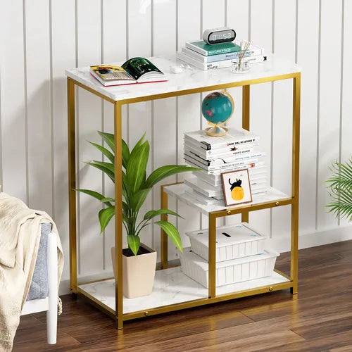 Masuta moderna cu blat tip marmura si cadru metalic  auriu – 3 nivele de depozitare 60 x 40 x 68 cm