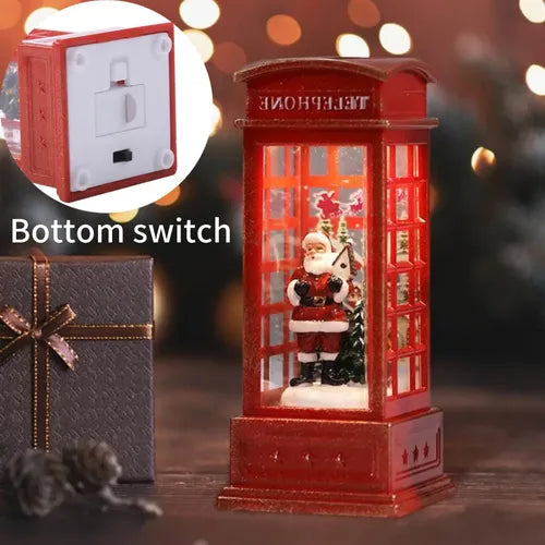 Decoratiune De Craciun Tip Cabina Telefonica cu Mos Craciun Si Brad, Cadouri, Functie Muzicala, Lumini Si Ninsoare Automata, Cu Apa, Lumina Calda, Usb sau Baterii, Led
