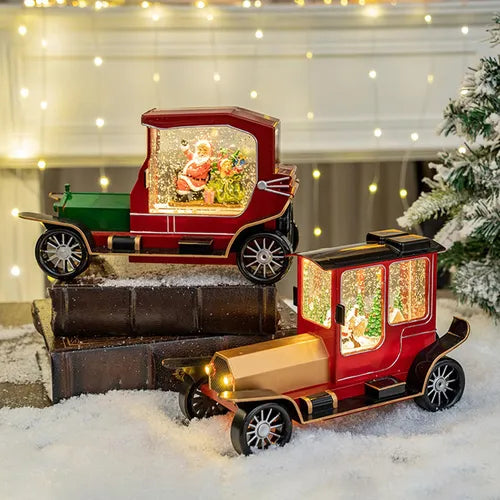 Decoratiune  Craciun tip masina de epoca cu Mos Craciun si cadouri, functie muzicala, zapada in miscare, 6x27 cm16x27cm