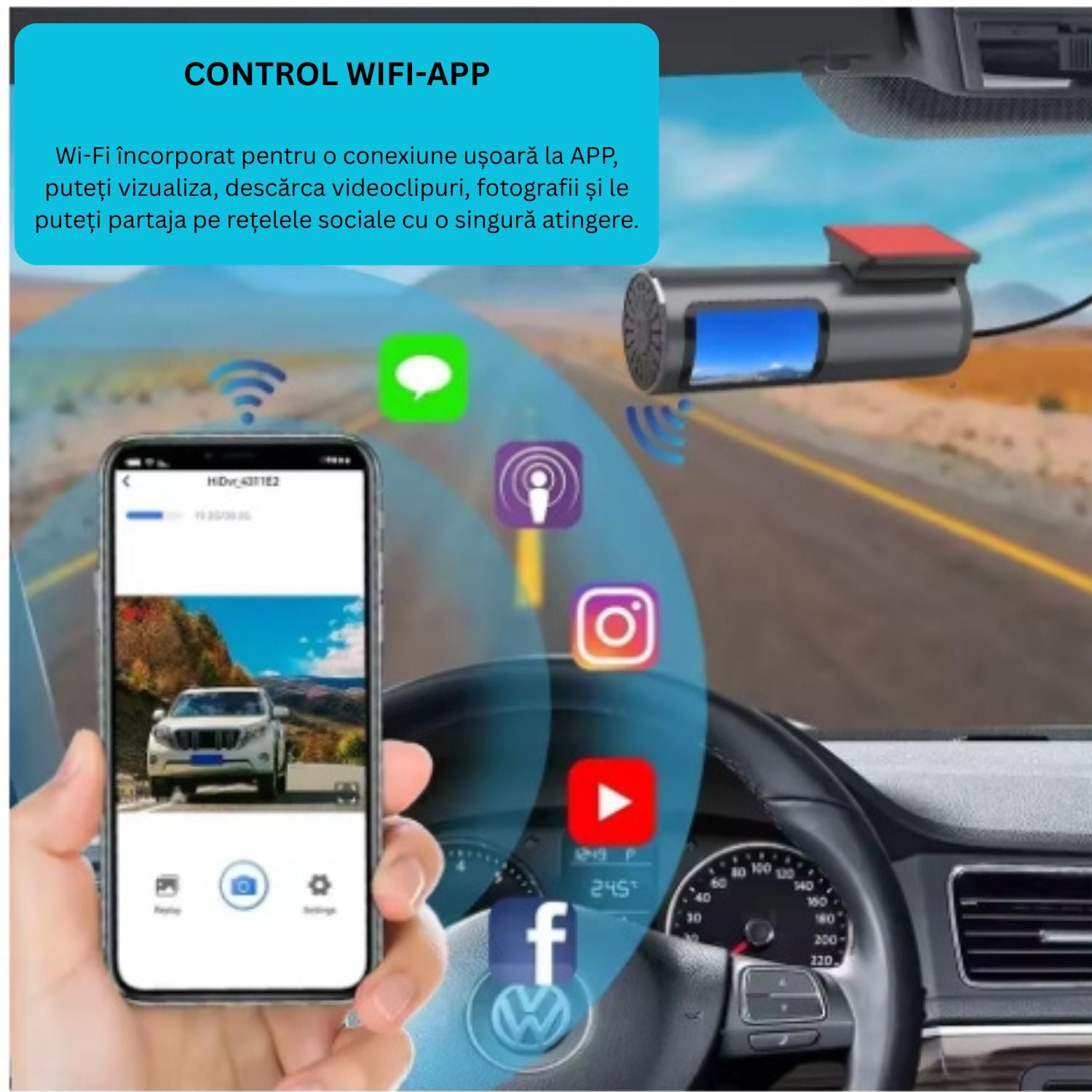 Camera auto DVR duala 4K fata + 1080P spate, WiFi, senzor G, unghi 140°, modul parcare 24H, ecran 1.5 inch