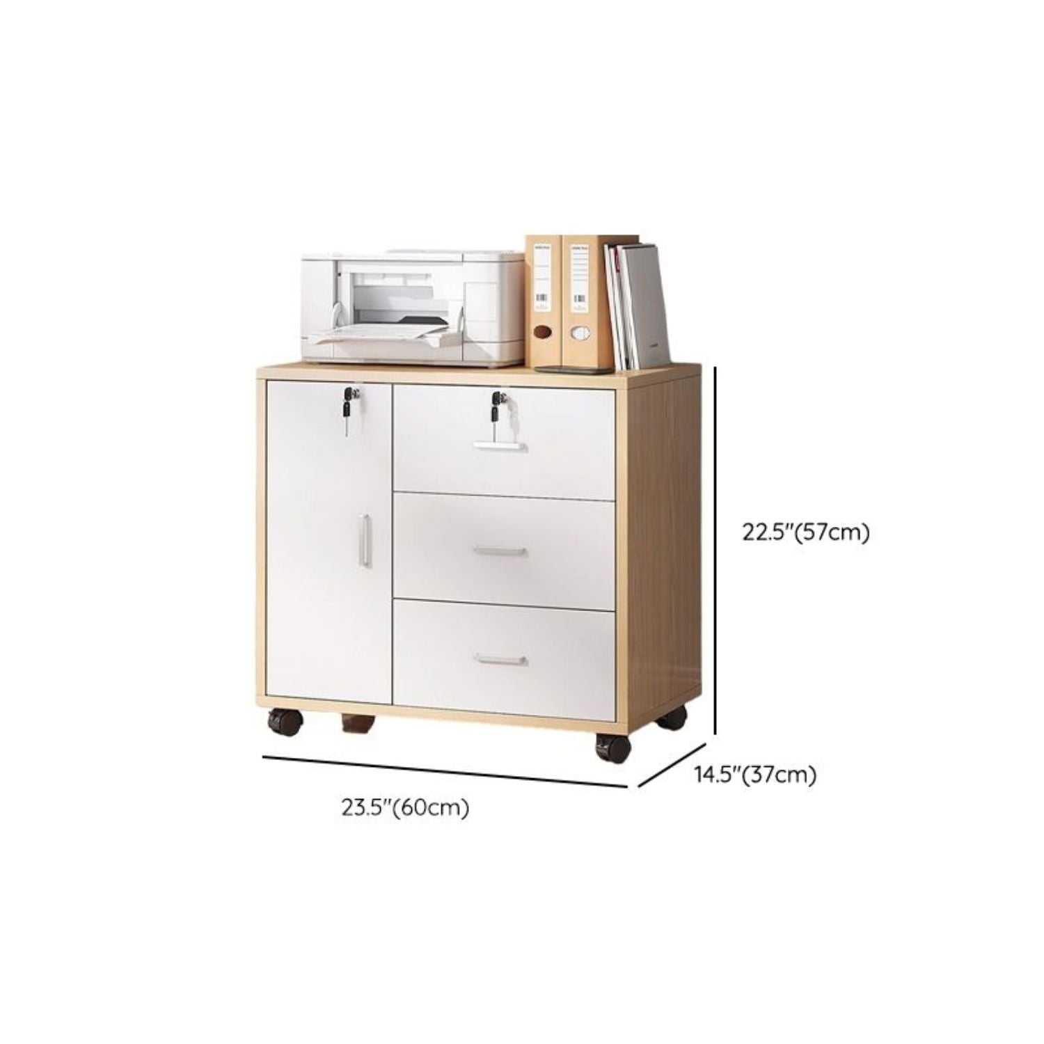 Dulap birou cu 3 sertare și încuietoare, rafturi și roți incluse – natur/alb, 60x37x57 cm