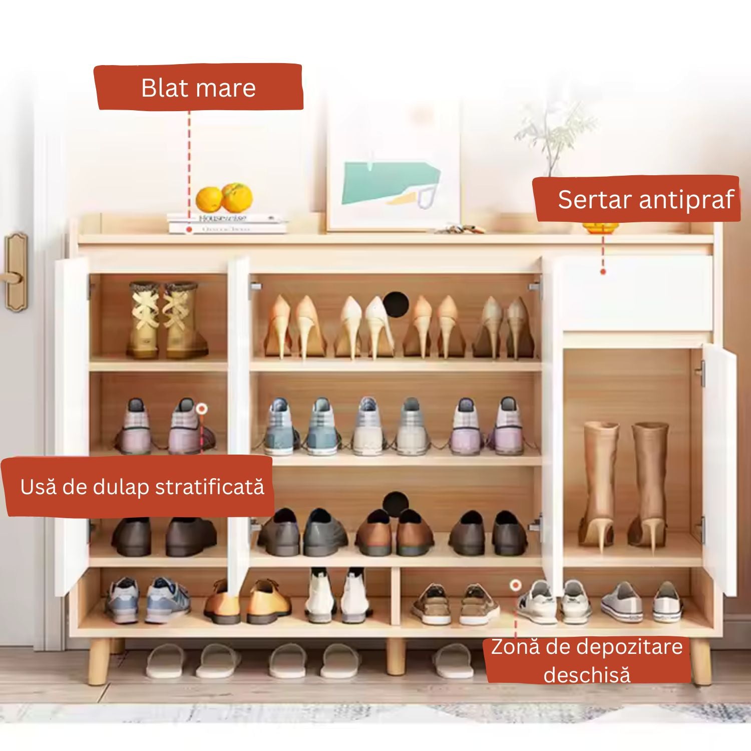 Dulap pantofi, din PAL, cu rafturi multiple – 120/140x32x100 cm, Alb/Gri