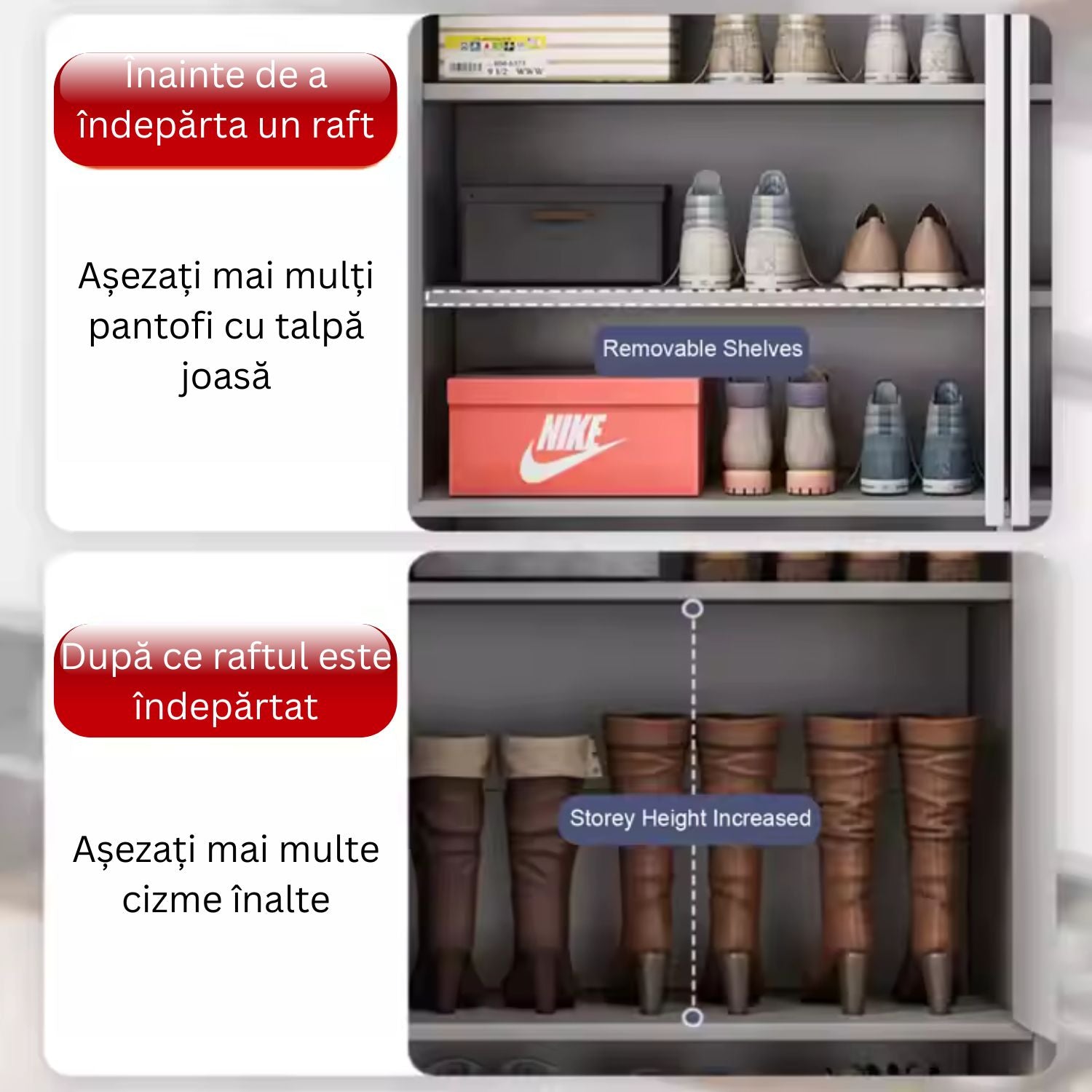 Dulap pantofi, din PAL, cu rafturi multiple – 120/140x32x100 cm, Alb/Gri