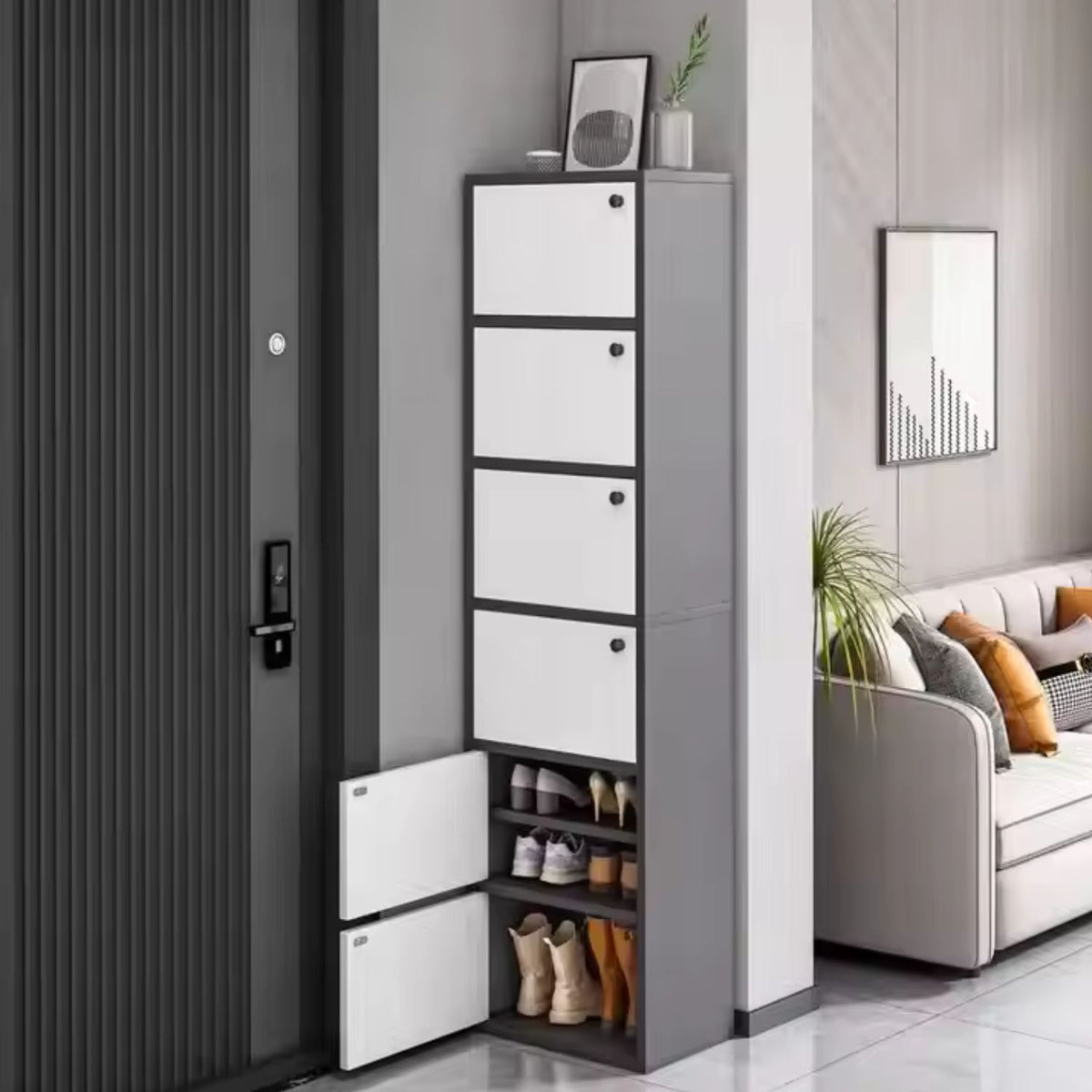 Dulap pantofi vertical, cu ușă și rafturi multiple – 42x30x176 cm, Alb/Gri