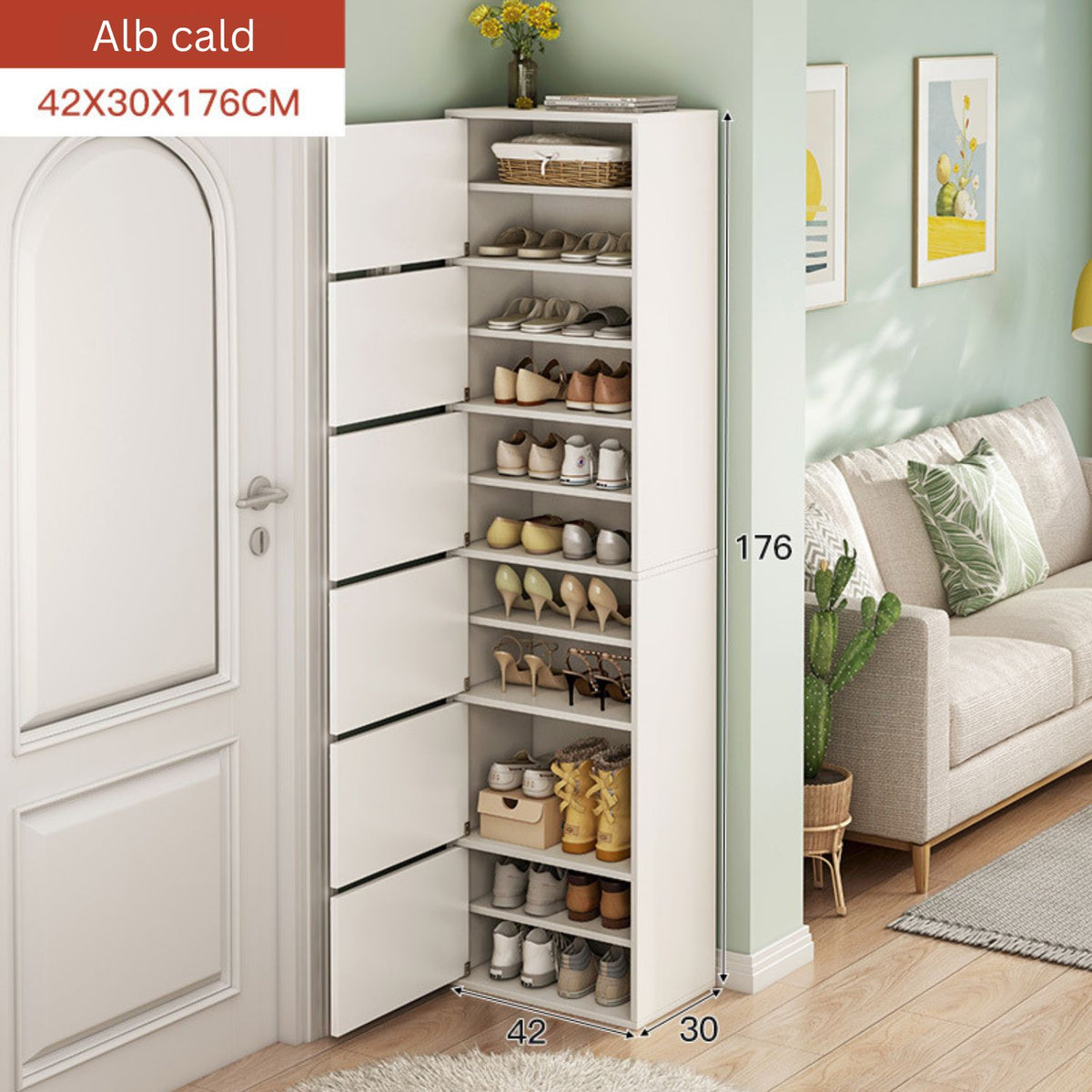 Dulap pantofi vertical, cu ușă și rafturi multiple – 42x30x176 cm, Alb/Gri