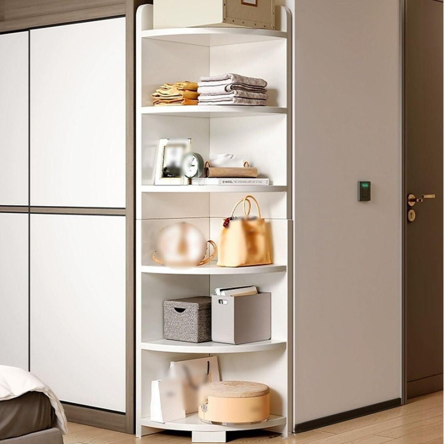 Etajeră colț, din lemn, 6 rafturi – disponibilă și cu agățători – 180x40x40 cm, Alb