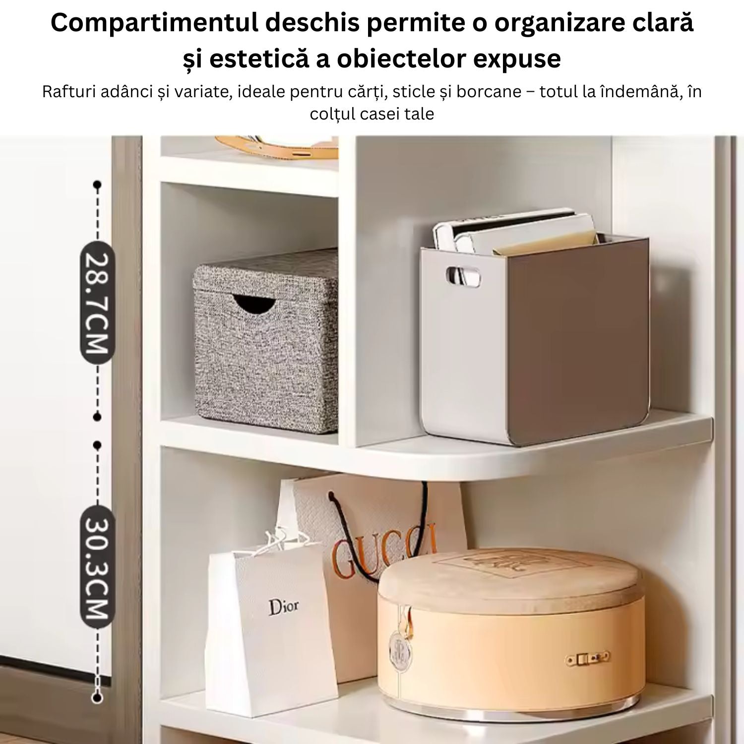 Etajeră colț, din lemn, 6 rafturi – disponibilă și cu agățători – 180x40x40 cm, Alb