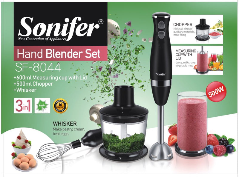 Set Blender 3 in 1 Sonifer SF-8044 cu putere 500W, Mixer vertical, functie Turbo, Multifunctional, alb