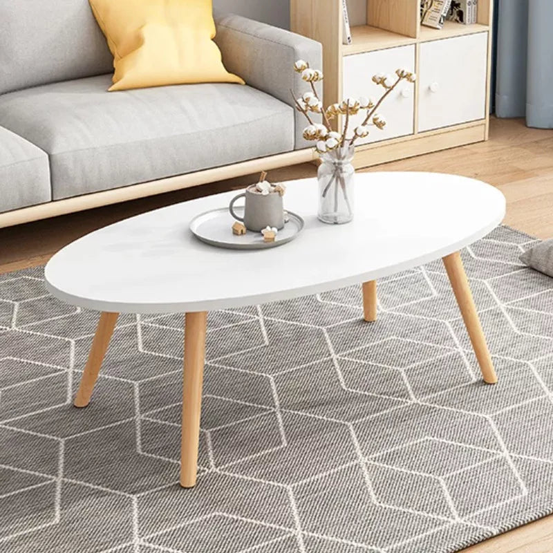 Masuta de Cafea Ovala 80x40x40 cm, Design Modern Alb cu Picioare din Lemn
