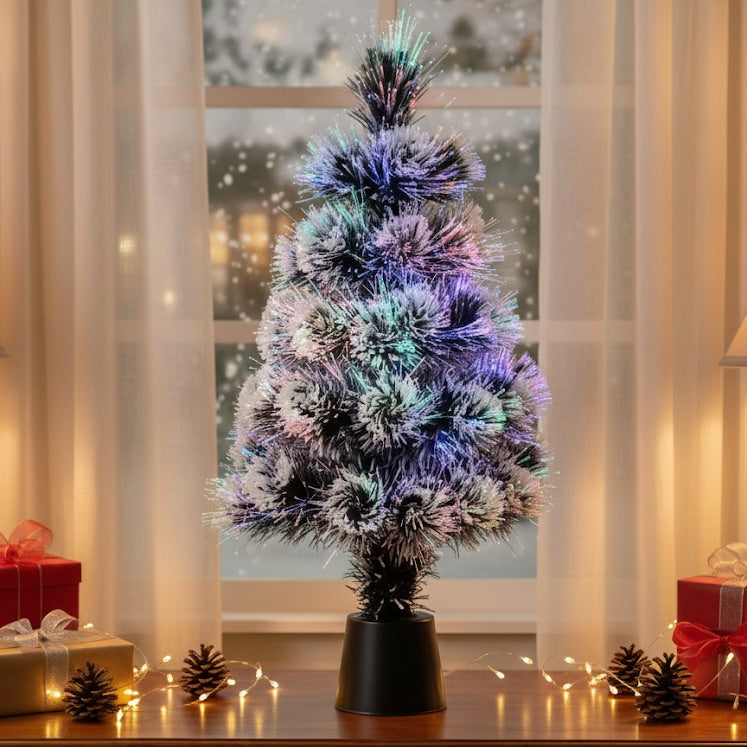 Bradut artificial de birou cu fibra optica si efect de ninsoare, suport ghiveci, 45cm