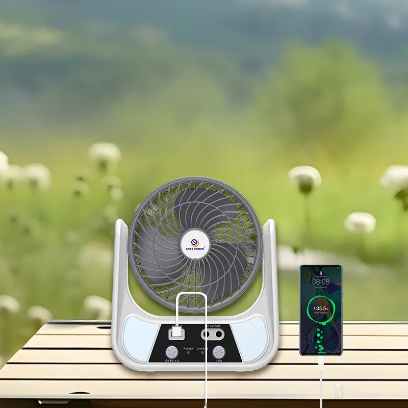 Ventilator cu incarcare solara, 15/20 cm, cu 2 becuri incluse, functie de powerbank, din ABS, cu USB, alb/gri