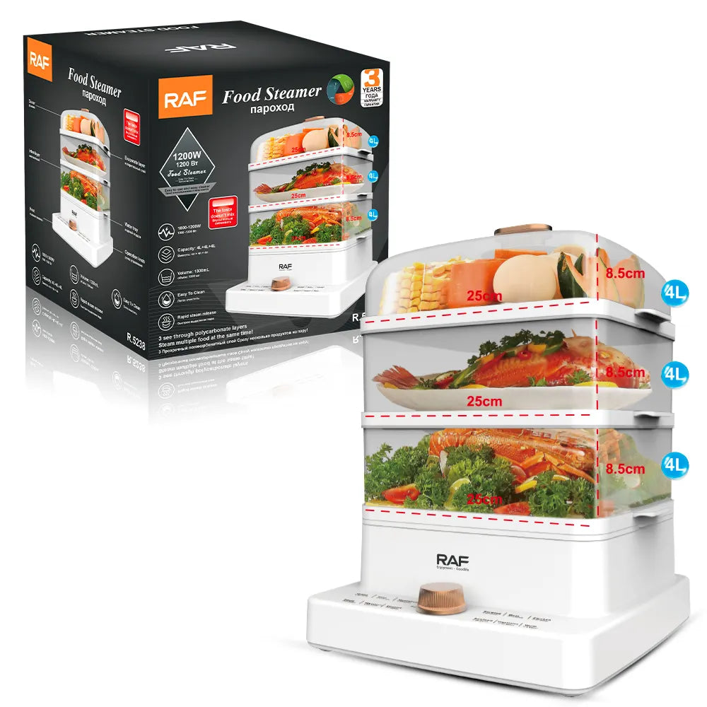 Aparat electric pentru gatit cu aburi, RAF R5238, 1200W, 3 niveluri, 3 x 4L, 38x28x29 cm, alb