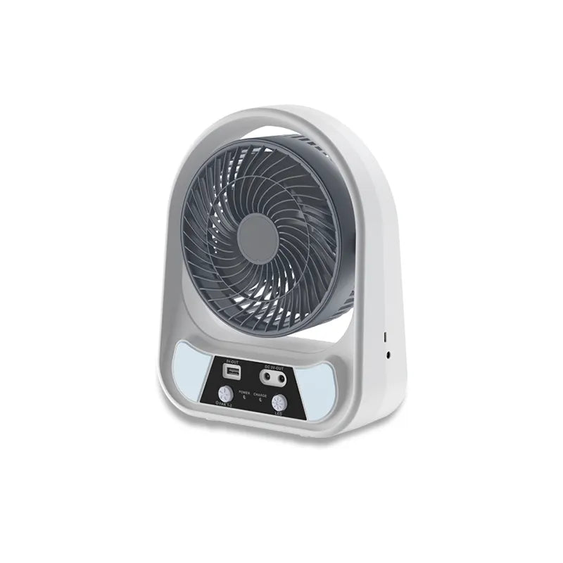 Ventilator cu incarcare solara, 15/20 cm, cu 2 becuri incluse, functie de powerbank, din ABS, cu USB, alb/gri