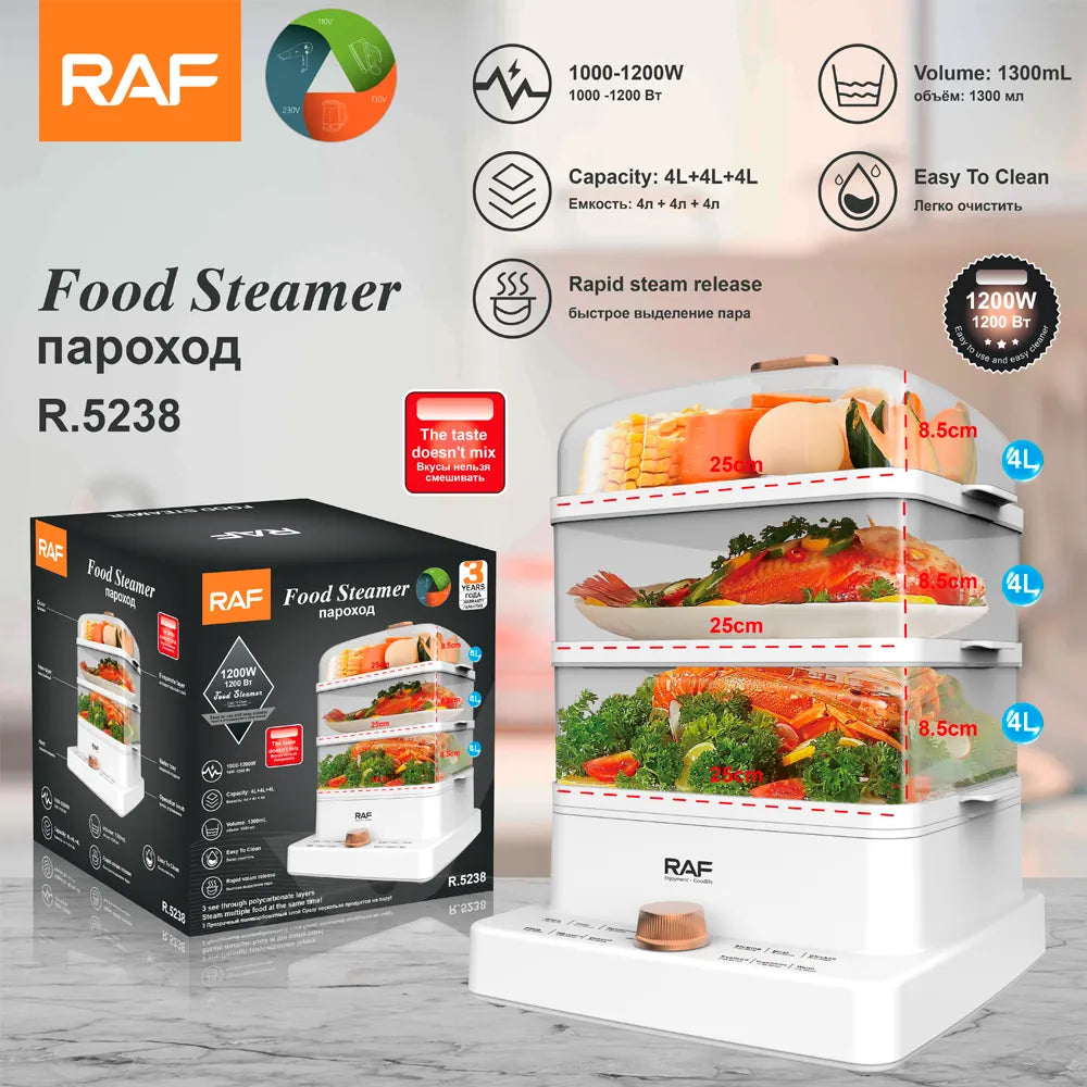 Aparat electric pentru gatit cu aburi, RAF R5238, 1200W, 3 niveluri, 3 x 4L, 38x28x29 cm, alb