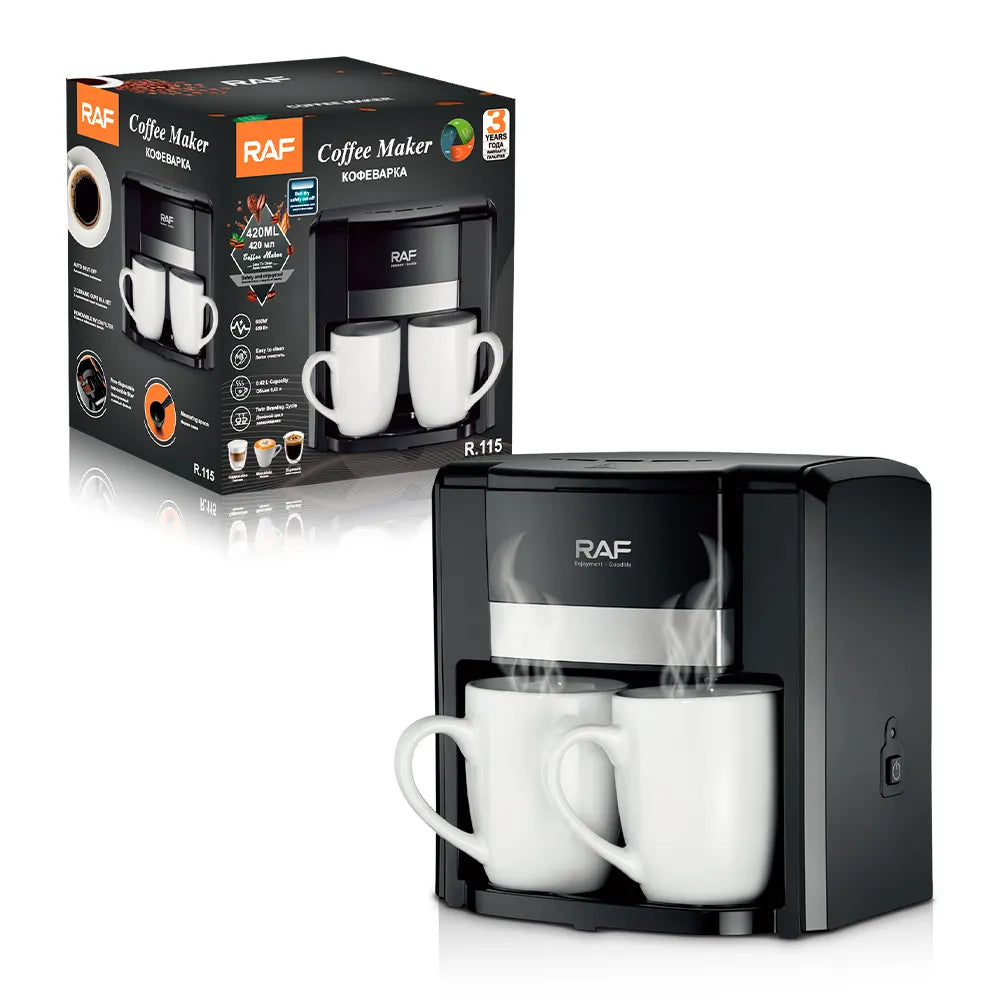 Aparat de cafea RAF 1000W cu 2 cani ceramice si lingura de masurare incluse, 420ml