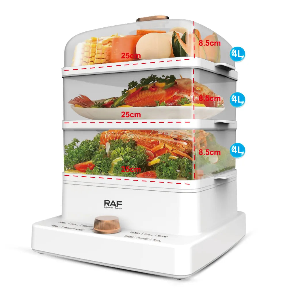 Aparat electric pentru gatit cu aburi, RAF R5238, 1200W, 3 niveluri, 3 x 4L, 38x28x29 cm, alb