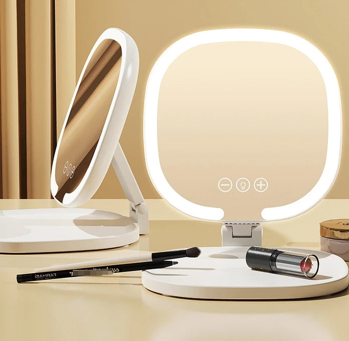 Oglinda de machiaj LED portabila cu marire 1X/3X – pliabilă, cu buton Touch,