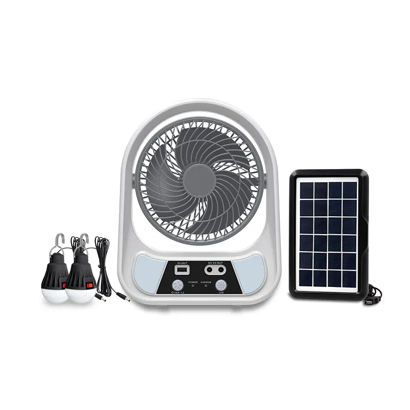 Ventilator cu incarcare solara, 15/20 cm, cu 2 becuri incluse, functie de powerbank, din ABS, cu USB, alb/gri