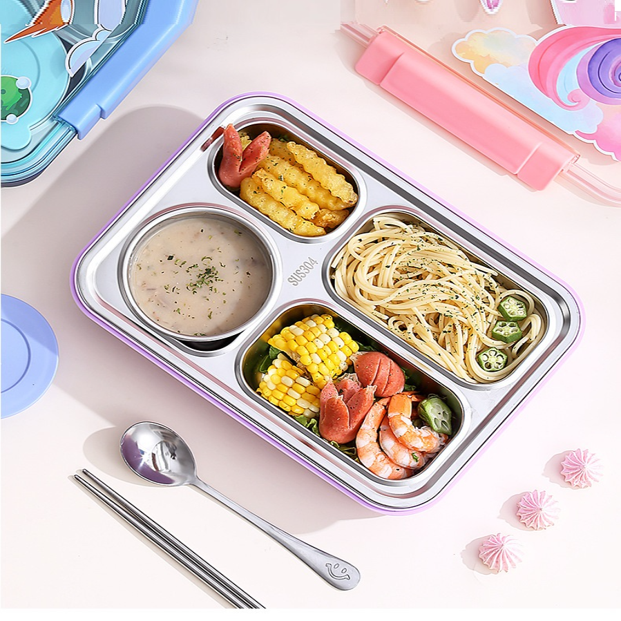 Caserola termica 4 compartimente din inox pentru copii cu lingurita, 900 ml, 16.8 X 22.6 X 6.5cm