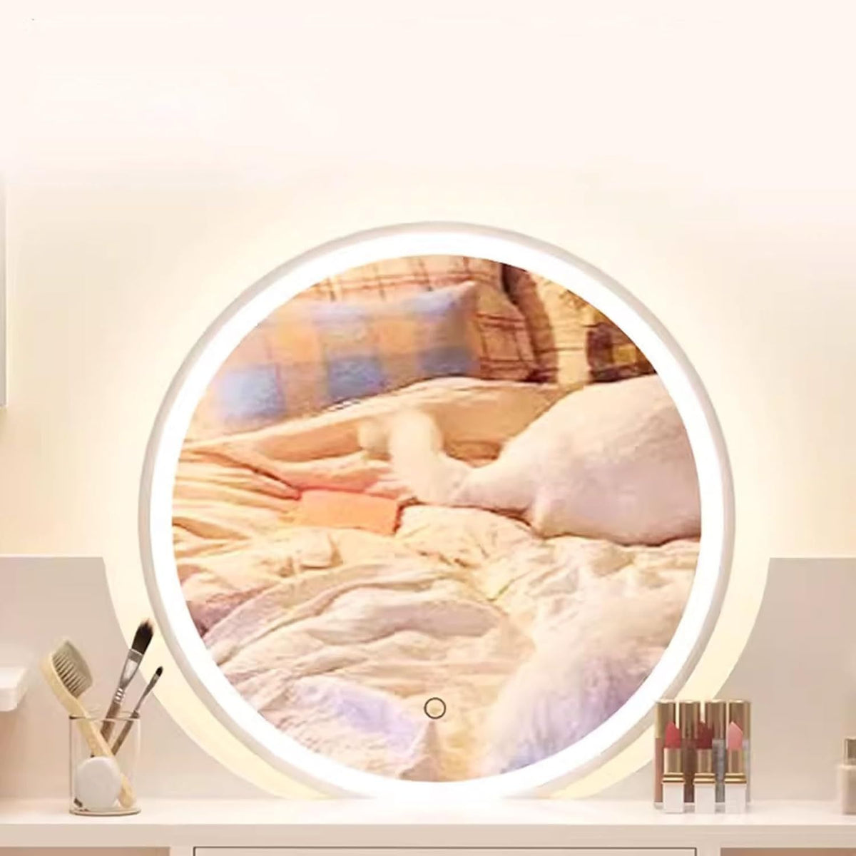 Masa toaletă cu oglindă LED tactilă, cu rafturi și sertare – MDF + lemn masiv, alb/gri, 100x120x40 cm