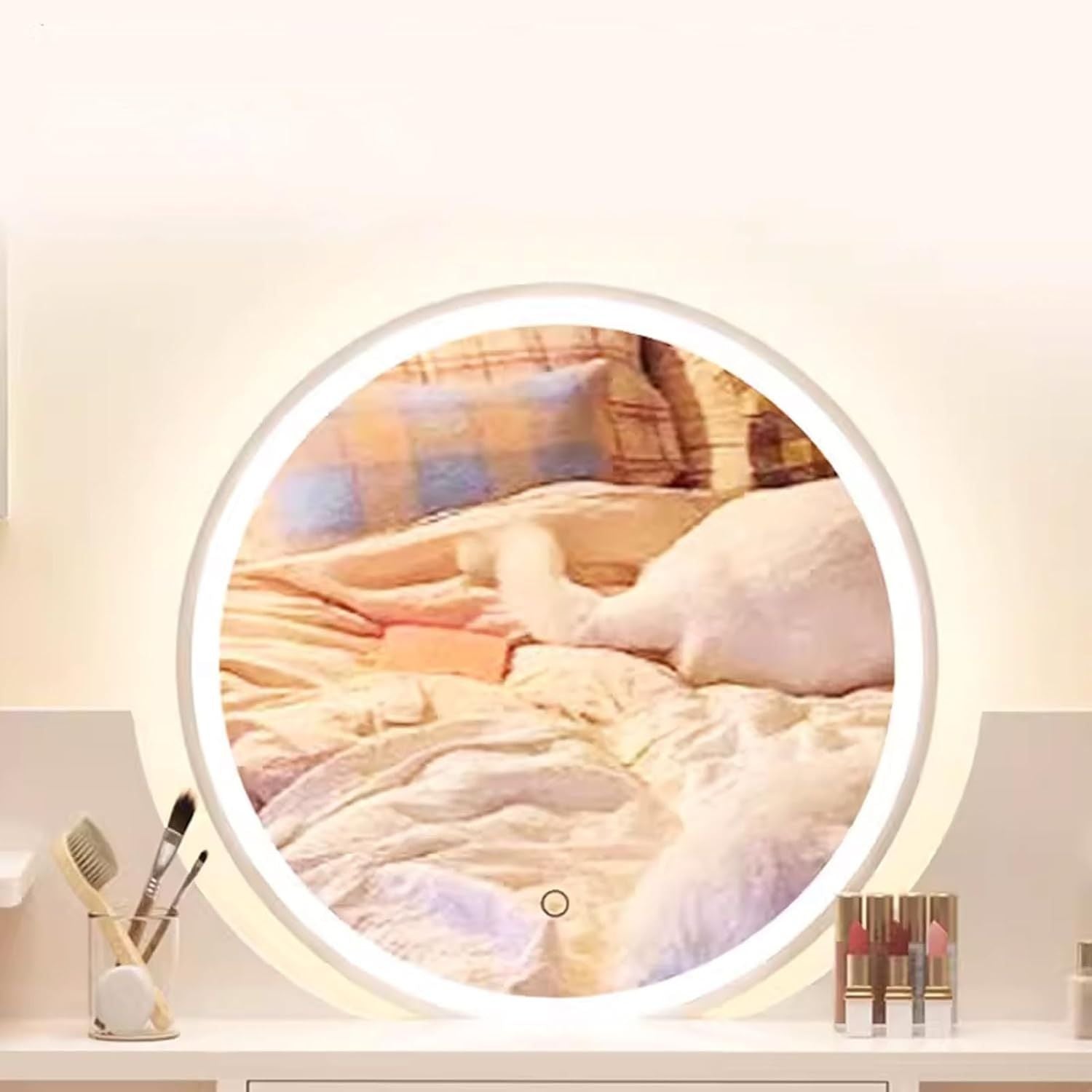 Masa toaletă cu oglindă LED tactilă, cu rafturi și sertare – MDF + lemn masiv, alb/gri, 100x120x40 cm