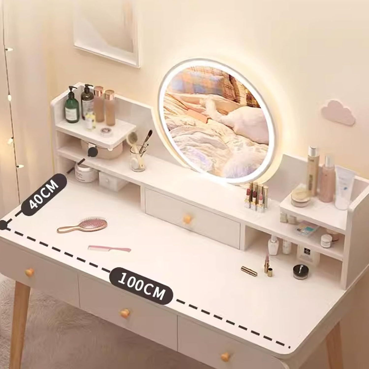 Masa toaletă cu oglindă LED tactilă, cu rafturi și sertare – MDF + lemn masiv, alb/gri, 100x120x40 cm