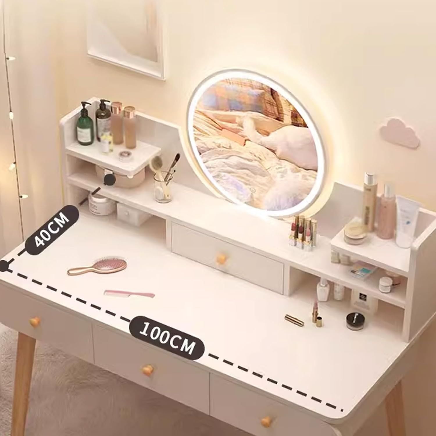 Masa toaletă cu oglindă LED tactilă, cu rafturi și sertare – MDF + lemn masiv, alb/gri, 100x120x40 cm