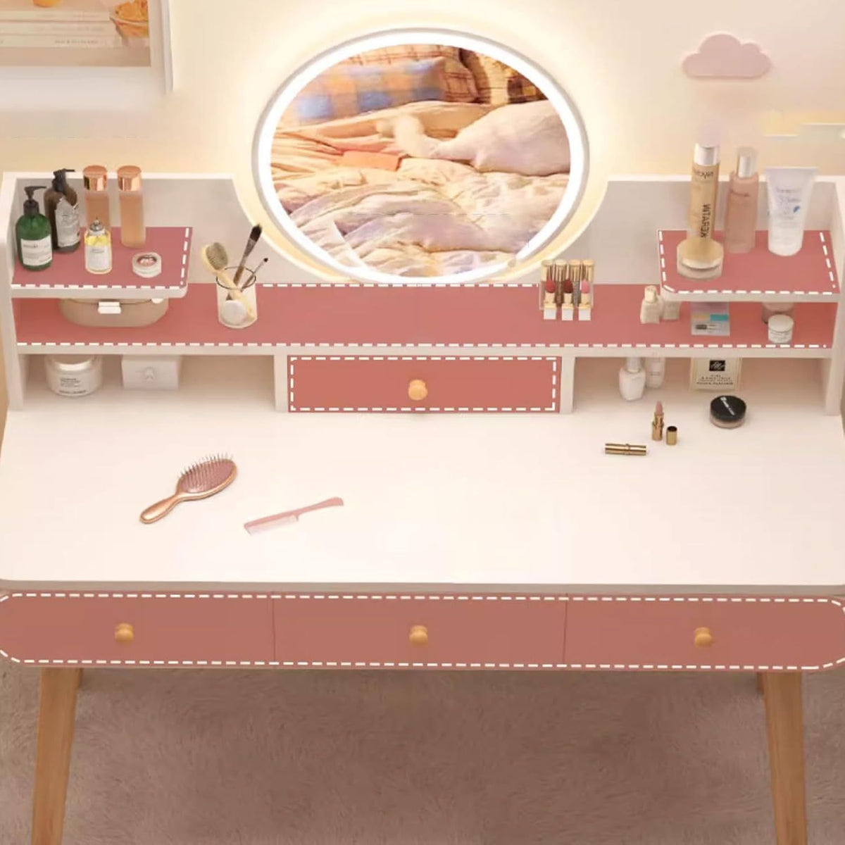 Masa toaletă cu oglindă LED tactilă, cu rafturi și sertare – MDF + lemn masiv, alb/gri, 100x120x40 cm