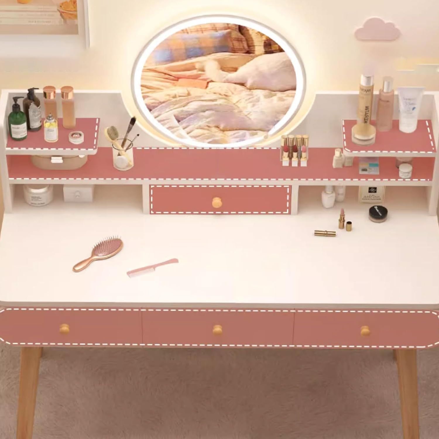 Masa toaletă cu oglindă LED tactilă, cu rafturi și sertare – MDF + lemn masiv, alb/gri, 100x120x40 cm