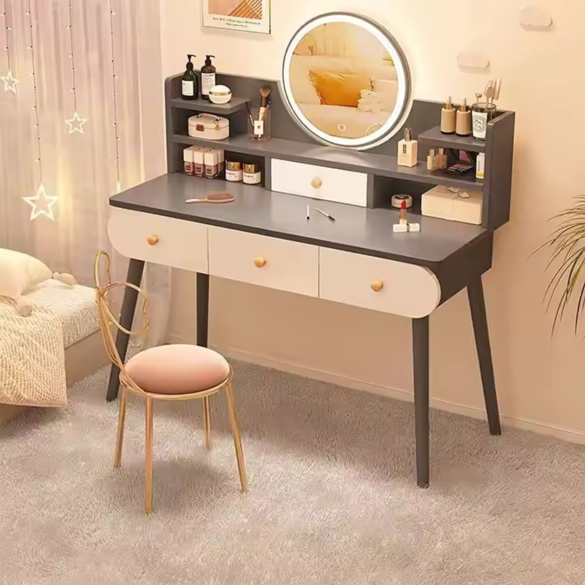 Masa toaletă cu oglindă LED tactilă, cu rafturi și sertare – MDF + lemn masiv, alb/gri, 100x120x40 cm