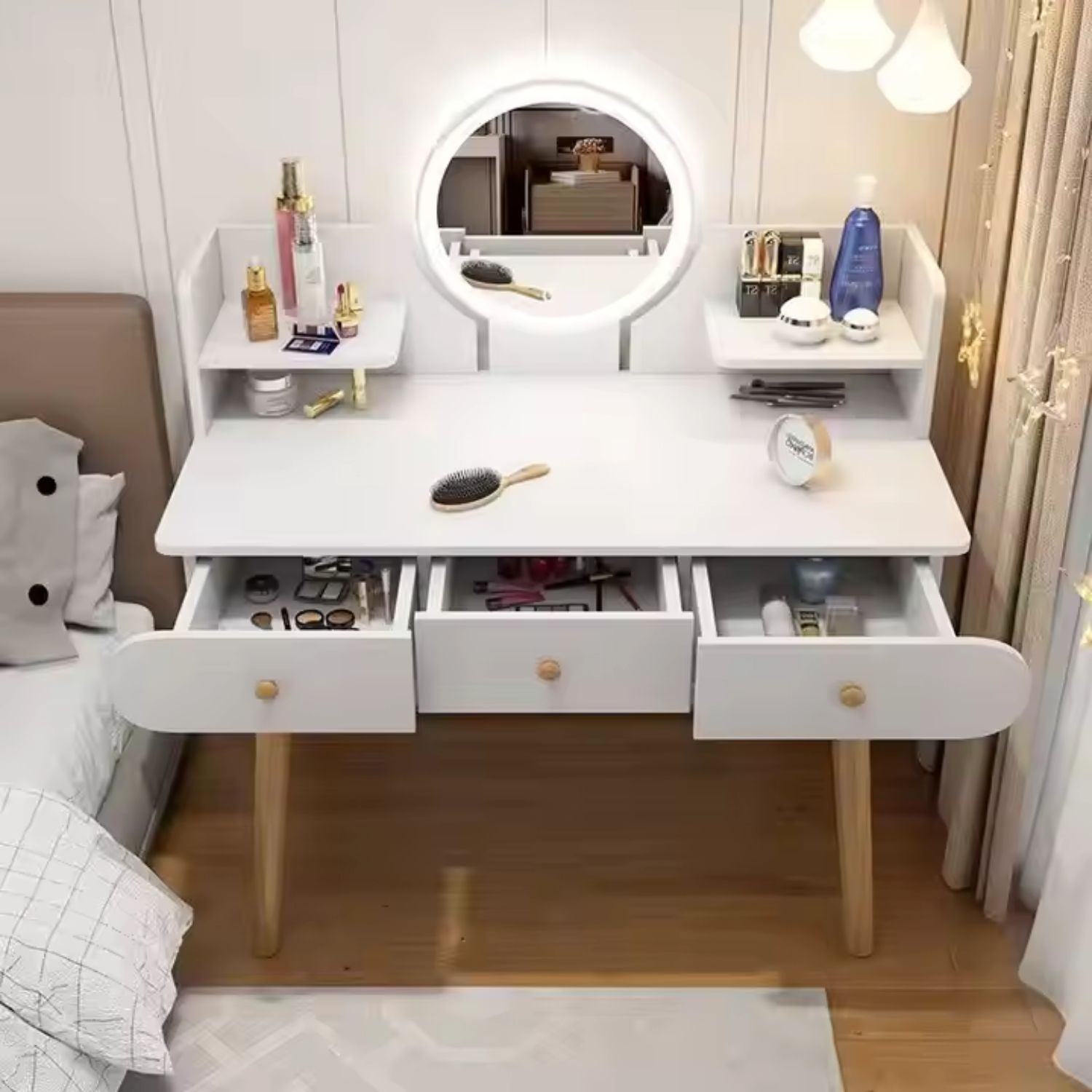 Masa toaletă cu oglindă LED tactilă, cu rafturi și sertare – MDF + lemn masiv, alb/gri, 100x120x40 cm