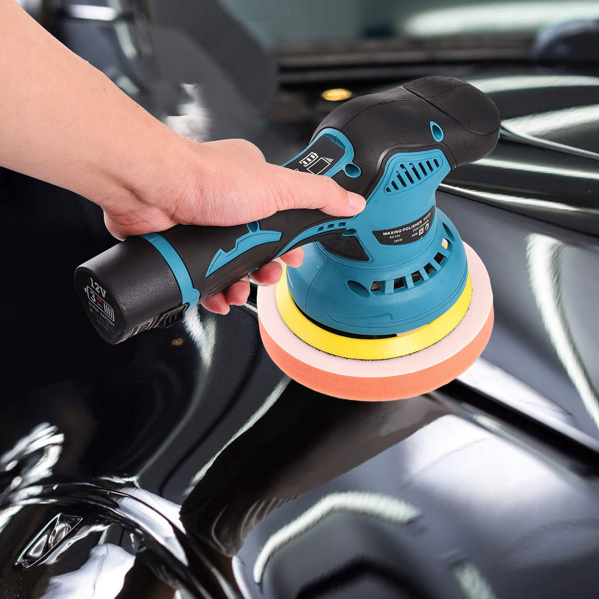 Aparat Polish Auto, 2 Acumulatori 12V, fara fir, portabil, 2500-5000 Rpm, 8 Viteze, Albastru/Negru