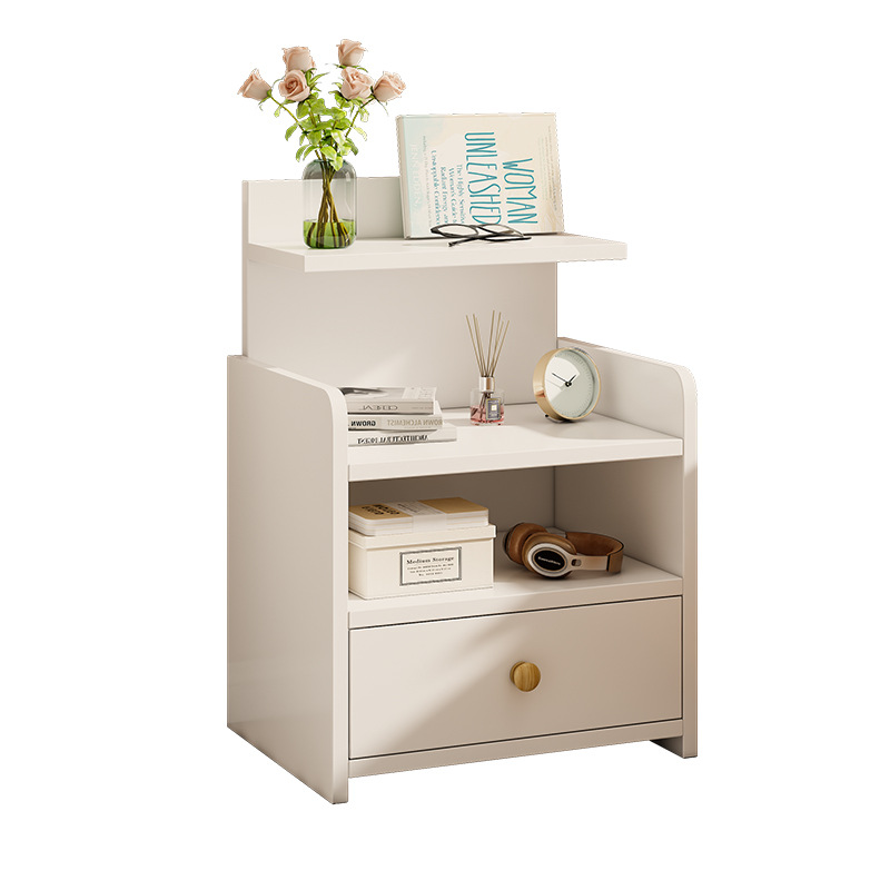 Noptiera moderna cu sertar si 3 polite, 33x26x60cm, alba