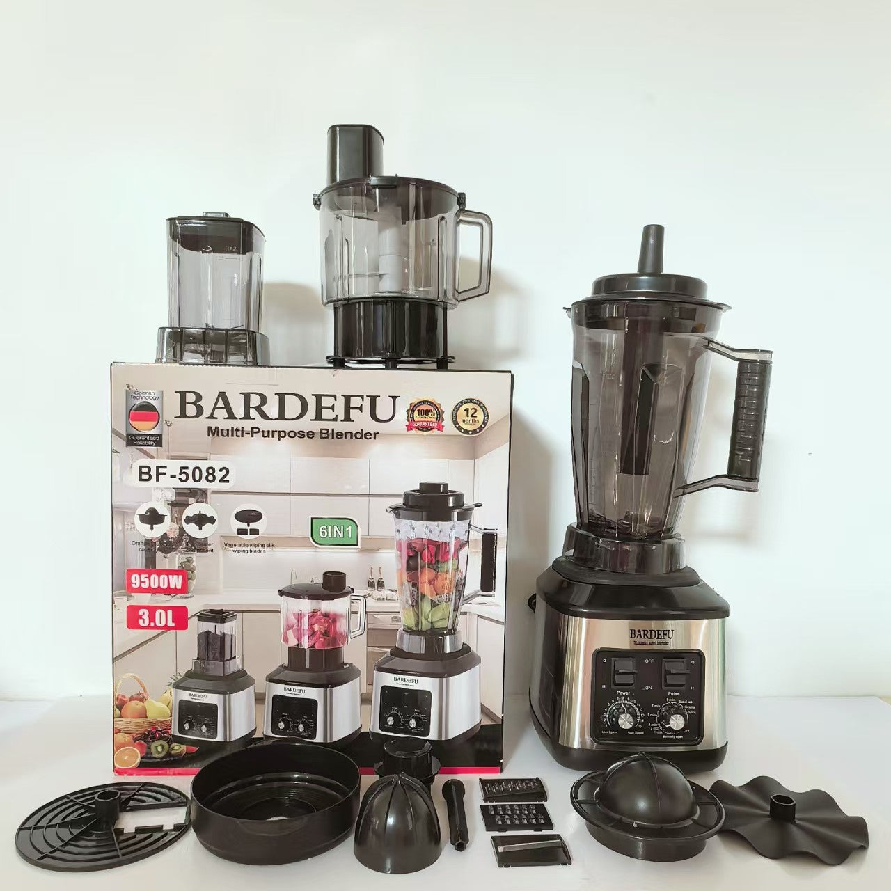 Robot de Bucatarie Multifunctional 6-în-1 Mach One BF-5052 – 3 Recipiente, Motor 9500W, 15 Trepte de Viteză, Blender + Tocator + Razatoare