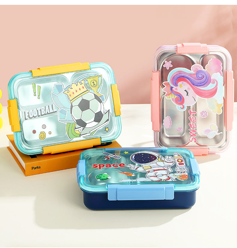 Caserola termica 4 compartimente din inox pentru copii cu lingurita, 900 ml, 16.8 X 22.6 X 6.5cm