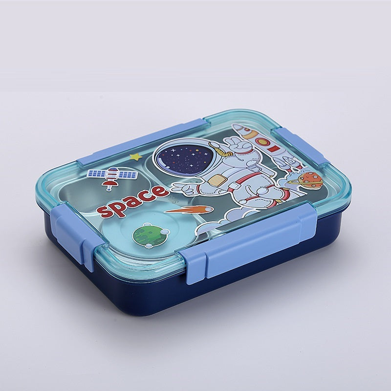 Caserola termica 4 compartimente din inox pentru copii cu lingurita, 900 ml, 16.8 X 22.6 X 6.5cm