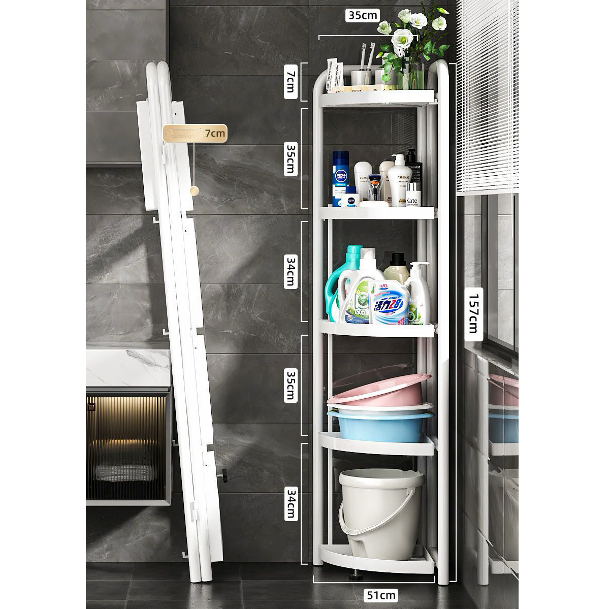 Etajera metalica pliabila pentru colt, 5 niveluri, 157x51x51cm