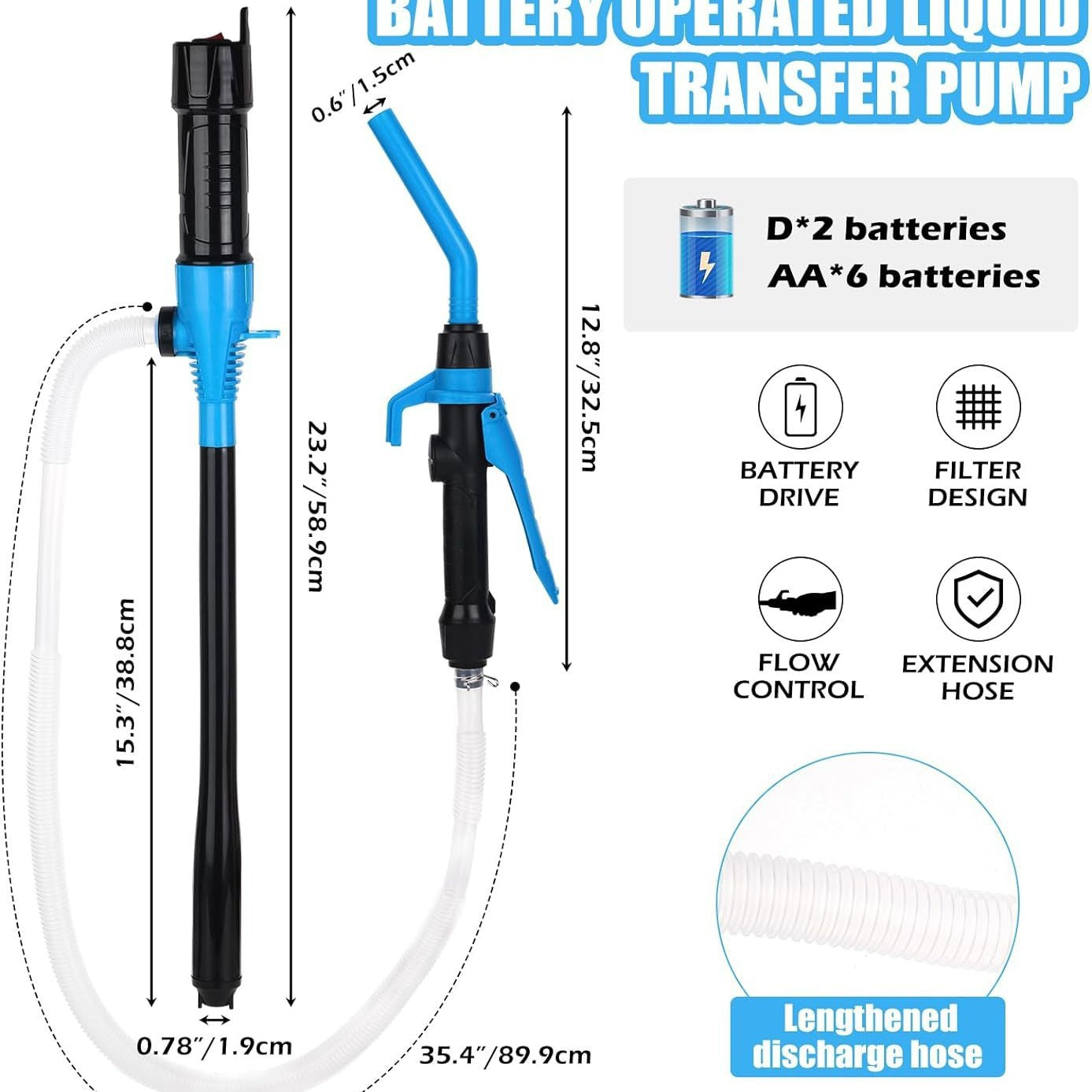 Pompa electrica transfer lichide 97,7 cm – cu furtun 89,9 cm, alimentare pe baterii