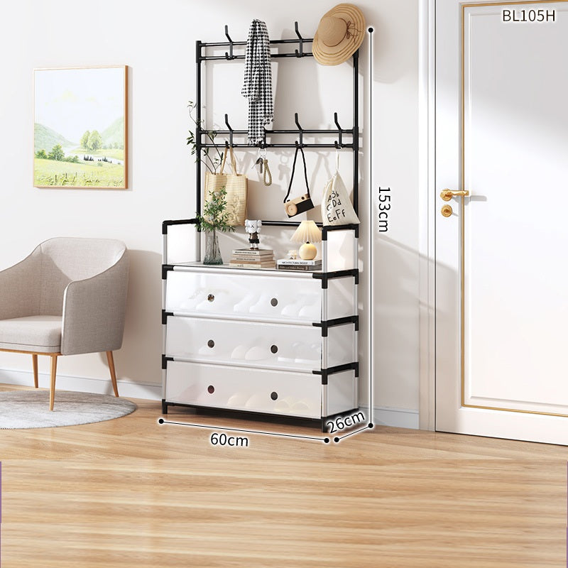 Cuier cu raft pantofi pe 3 niveluri si 8 carlige duble, suport haine si incaltaminte pentru hol