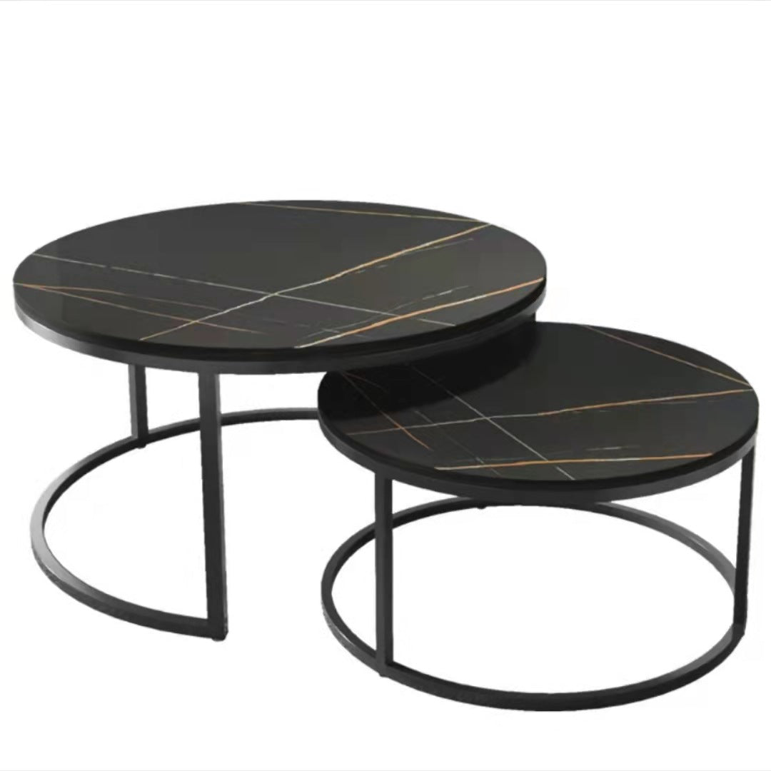 RESIGILAT - Set 2 masute rotunde de cafea cu efect de marmura, diametru 80/60 cm, blat MDF, cadru metalic