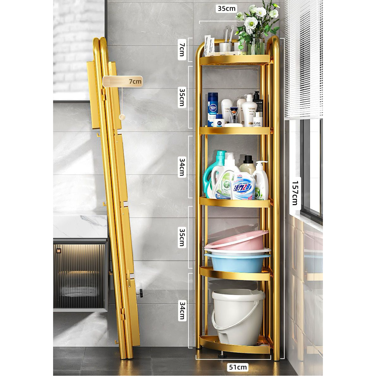 Etajera metalica pliabila pentru colt, 5 niveluri, 157x51x51cm